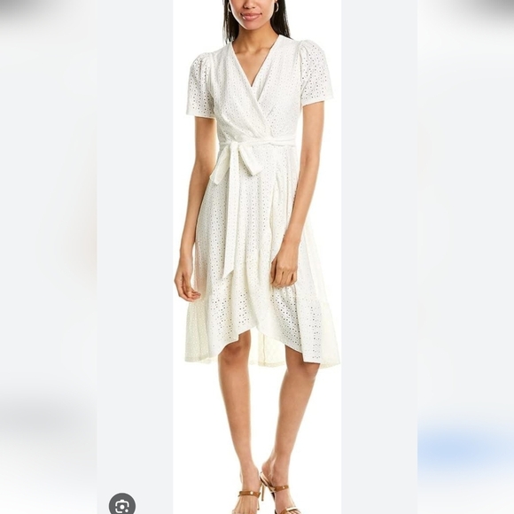 London Times NWT Women's Ivory Eyelet Ruffle Hem Faux Wrap Dress 18W Wedding - Picture 2 of 8